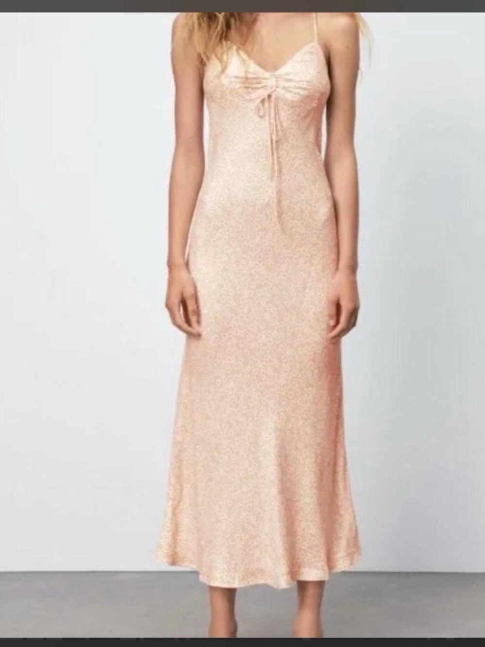 Zara Blush floral summer Pink Satin Slip Midi Dress with Front Tie